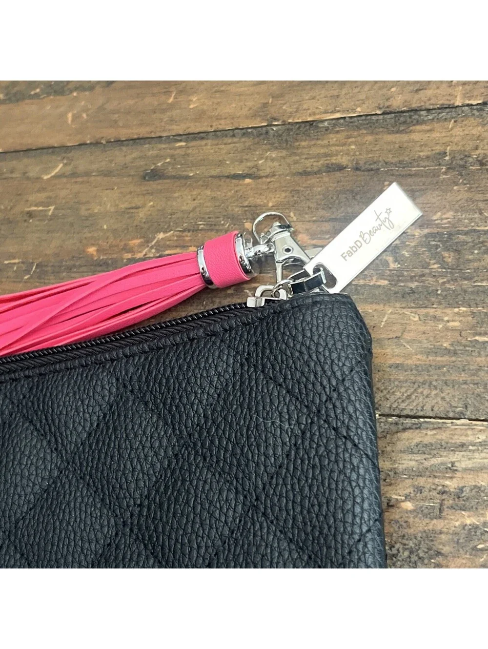 FabD Beauty Black Quilted Makeup Bag Boutique Cosmetic Pouch Zipper Pink Tassel